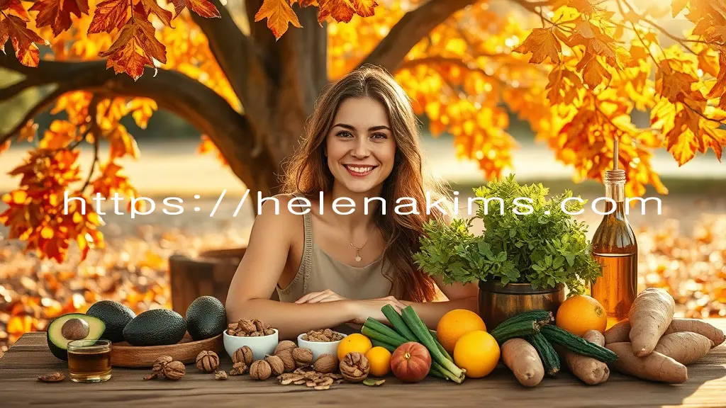 가을 환절기 분위기의 자연광 비추는 나무 아래, 나무 탁자에 앉아 있는 건강한 피부를 가진 젊은 여성이 부드럽게 미소 짓고 있으며, 탁자 위에는 가을 낙엽과 제철 식재료인 아보카도, 호두, 녹색 채소, 올리브오일, 감귤류, 고구마 등이 놓여 있는 모습.