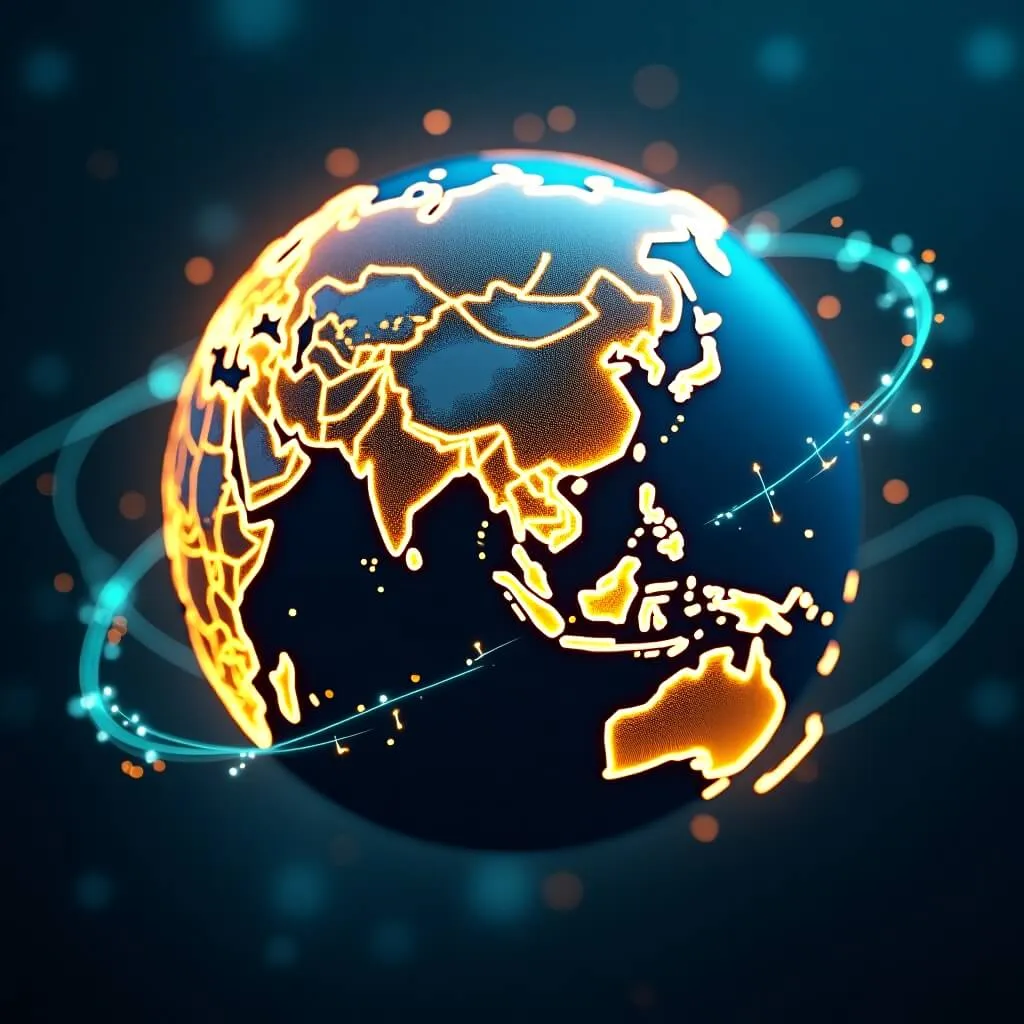 원화 스테이블 코인: 스테이블 코인의 글로벌 트렌드 현상을 지구본 을 둘러싼 빛나는 링으로 상징적으로 나타낸 이미지