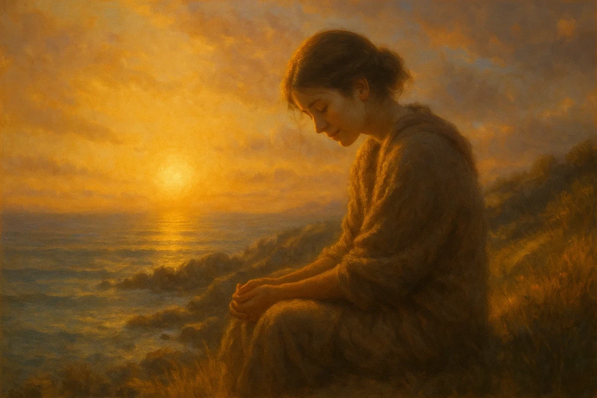 해질 무렵 바닷가에서 명상하는 여성