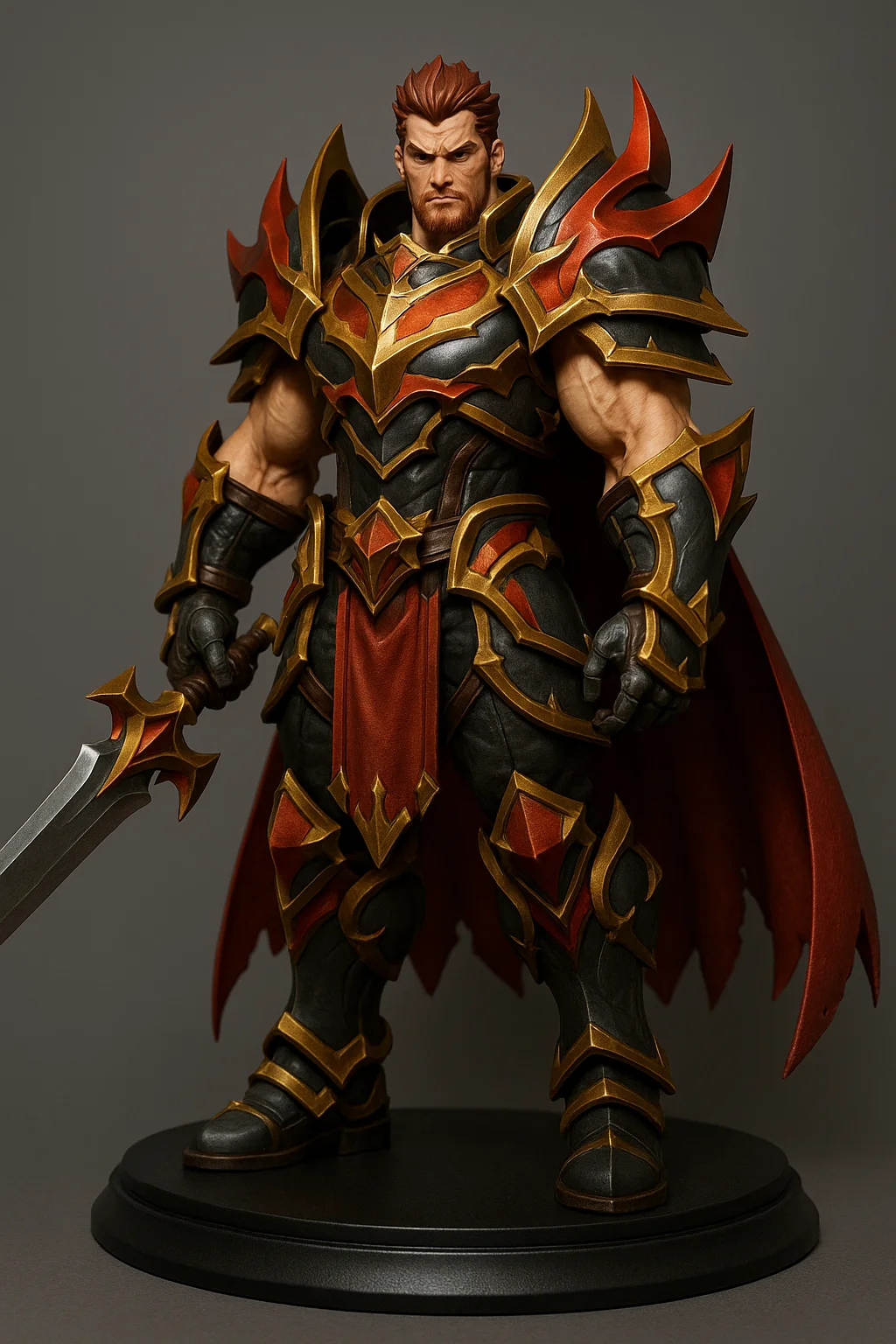 판타지 RPG 전사 캐릭터 피규어, 근육질 체형, 화려한 갑옷과 검, 3D 모델링 느낌, 게임 캐릭터 생성, 강렬한 색채와 날카로운 조형미, 피규어 스타일링 최적화