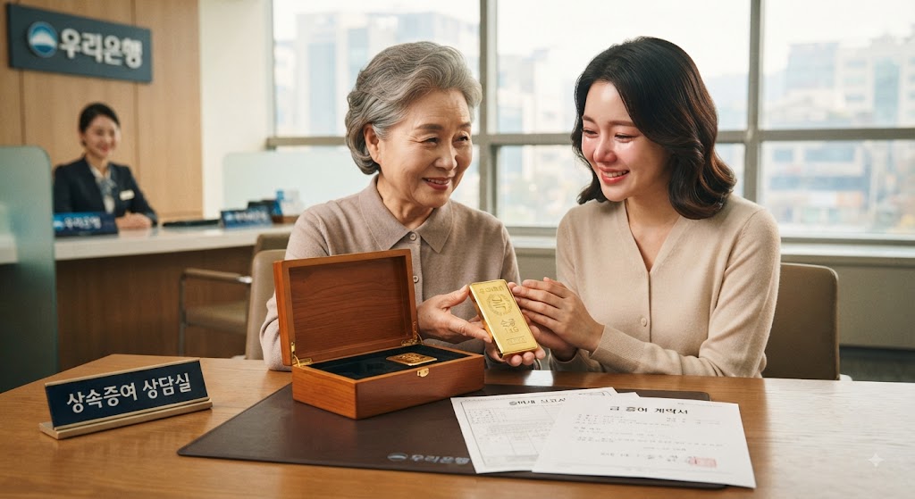 할머니가 손녀에게 금 증여하는 모습