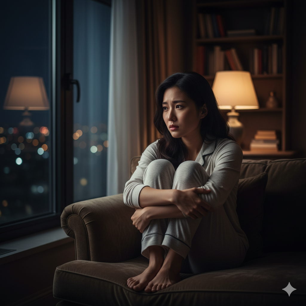 늦은 밤, 거실 소파에 앉아 잠들지 못하고 불안한 듯 창밖을 바라보는 아름다운 여성 모델.