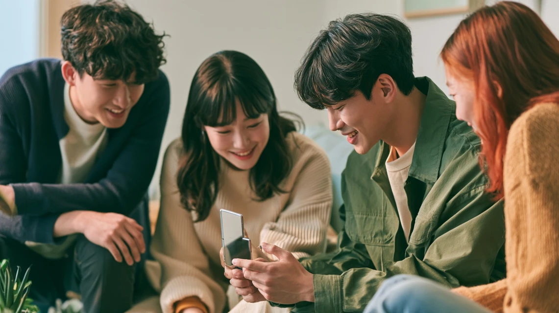 새 제품 얘기를 나누며 웃는 모임 사람들