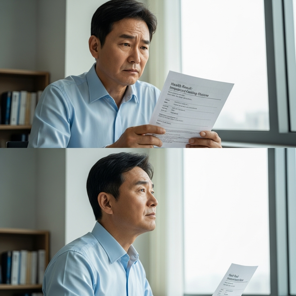 [이미지 1: 한 중년의 한국인 남성이 건강검진 결과지를 보고 심각한 표정에서 이내 결심한 듯 희망적인 표정으로 바뀌는 모습]