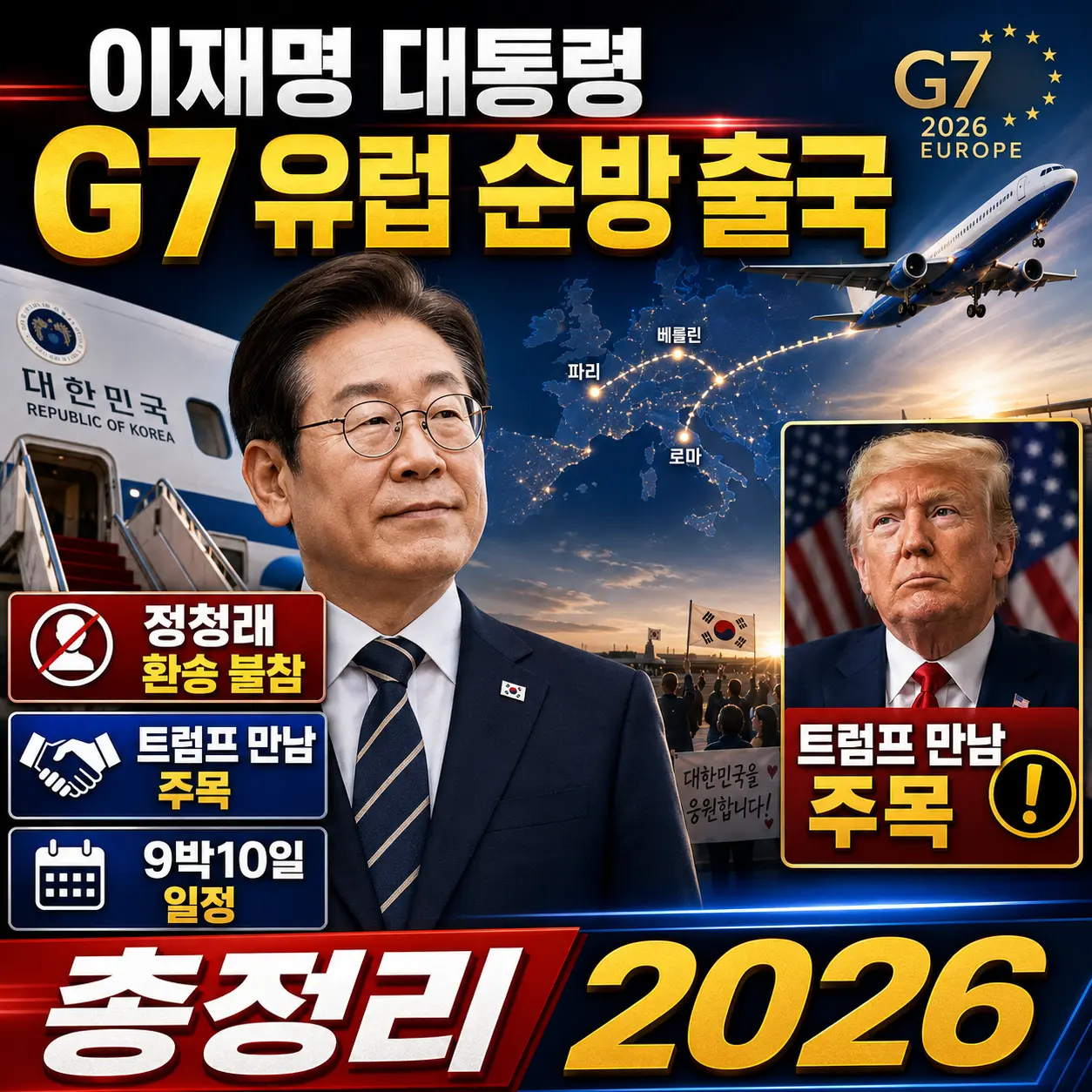이재명 대통령 G7 유럽 순방 출국 — 정청래 환송 불참·트럼프 만남 주목·9박10일 일정 총정리 2026