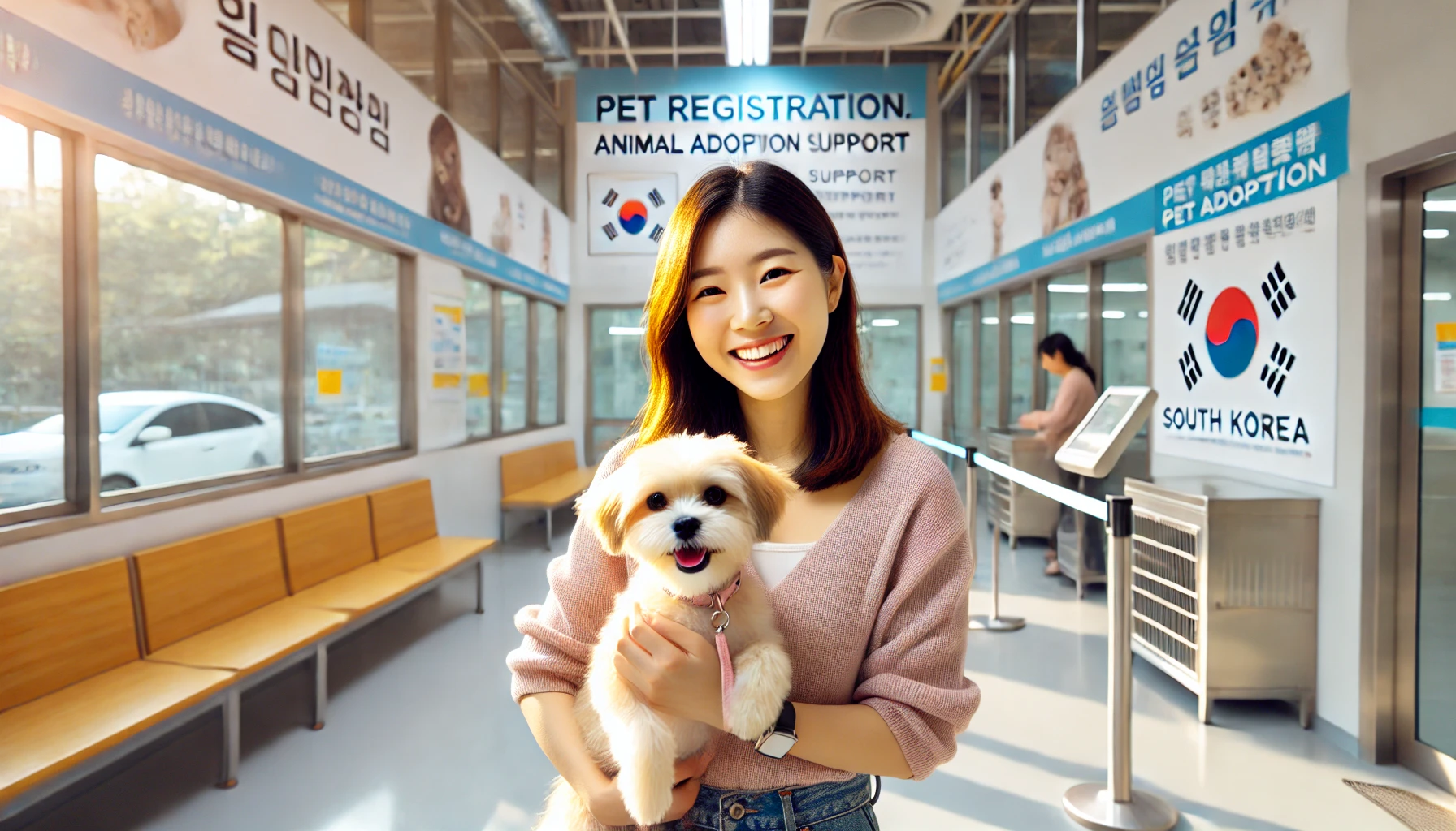한국의 반려동물 입양센터에서 작은 강아지를 안고 웃고 있는 아시아 여성. 배경에는 반려동물 등록, 예방접종, 입양 지원에 관한 정부 포스터가 보이며, 밝고 따뜻한 분위기의 실내 공간