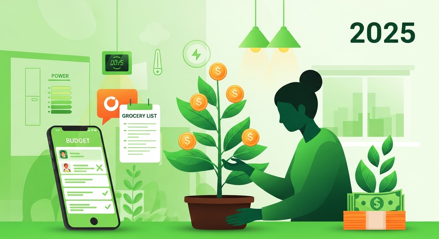 2025년 생활비 절약을 상징하는 이미지. 녹색 식물에 동전이 열려있고, 스마트폰 예산 앱과 식료품 목록이 있는 차분한 실내에서 한 사람이 스마트하게 재정을 관리하고 있는 모습. 초록색과 주황색 톤으로 미래지향적이고 희망찬 분위기 연출.