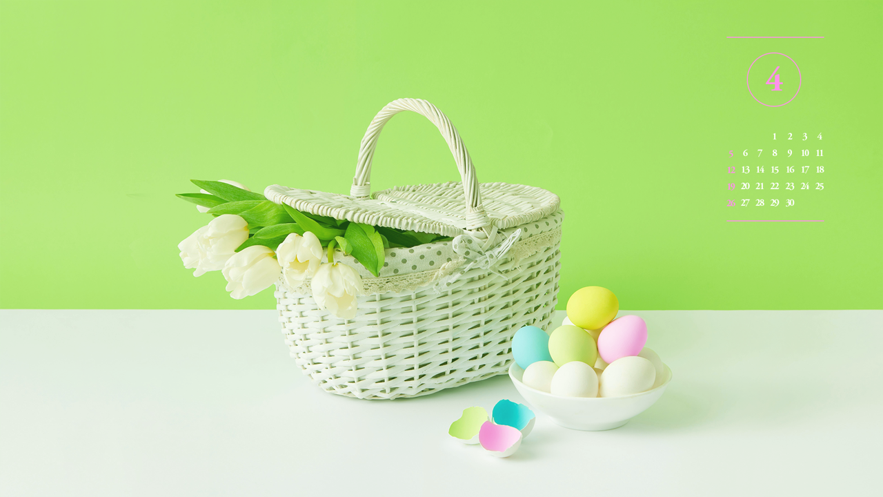 07 꽃바구니 연두색배경 A - 2026년4월 달력배경화면