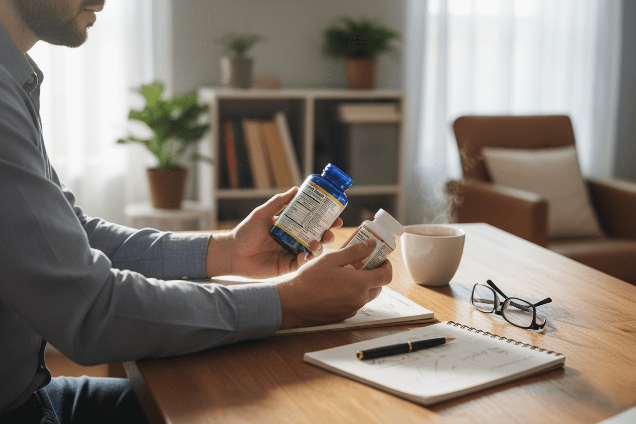 종합비타민과 비오틴 캡슐을 나란히 놓고 영양성분표를 확인하는 손의 클로즈업