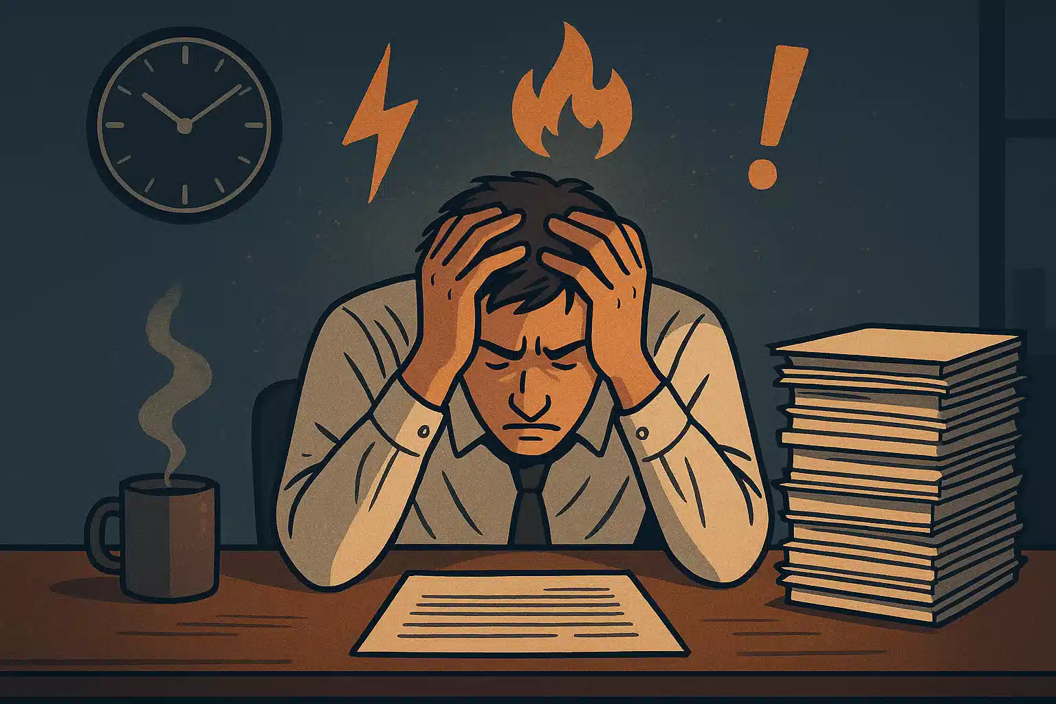 사무실 책상에 앉아 머리를 감싸 쥔 직장인