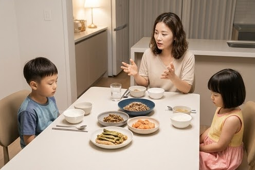 식탁에서 엄마 혼자 말하고 아이들이 조용한 모습