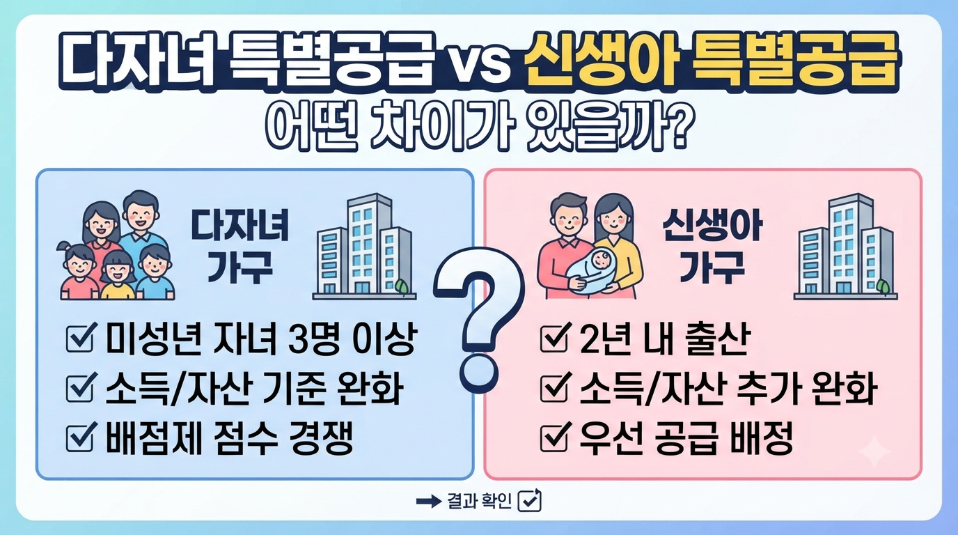 '다자녀 특별공급 vs 신생아 특별공급, 어떤 차이가 있을까?'라는 주제로 두 제도의 조건을 좌우로 비교하여 보여주는 이미지