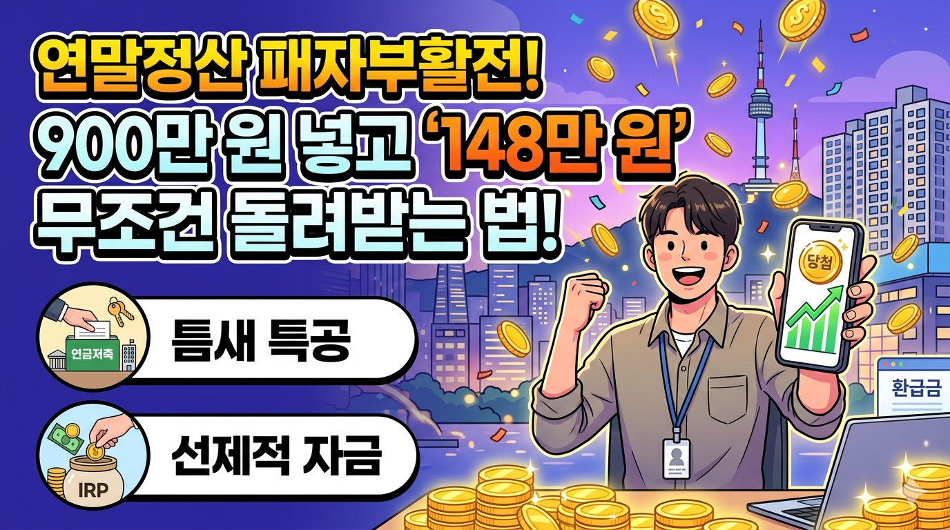 연말정산 패자부활전을 주제로 한 블로그 썸네일 이미지를 생성했습니다.

이 이미지는 서울의 야경을 배경으로, 연금저축과 IRP를 활용해 세금을 돌려받고 기뻐하는 남성의 모습을 역동적으로 표현했습니다. 상단에는 "연말정산 패자부활전! 900만 원 넣고 '148만 원' 무조건 돌려받는 법!"이라는 텍스트를 크고 명확하게 배치하여 클릭률을 높이도록 디자인했습니다.

또한, 하단에는 본문에서 다룬 두 가지 핵심 전략(틈새 특공, 선제적 자금)을 아이콘으로 정리하여 글의 내용을 한눈에 파악할 수 있도록 했습니다.