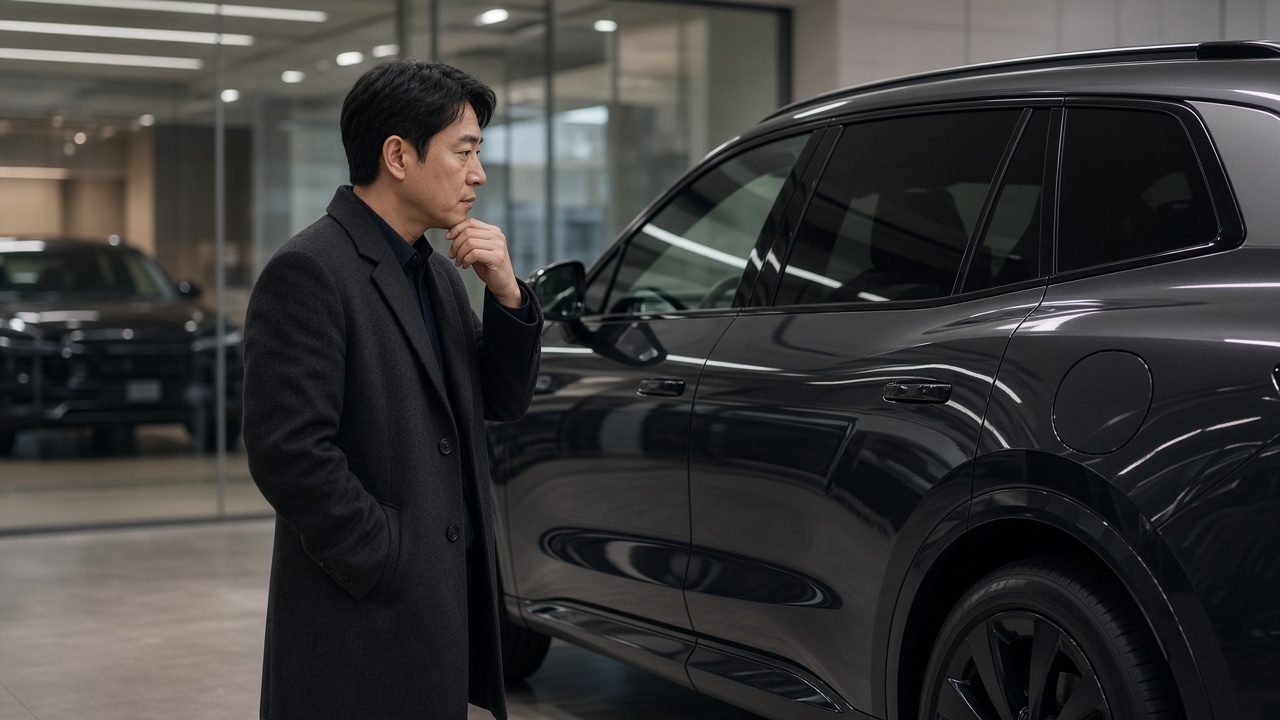 전시장에서 대형 전기 SUV 옆모습을 살펴보는 40대 한국인 남성