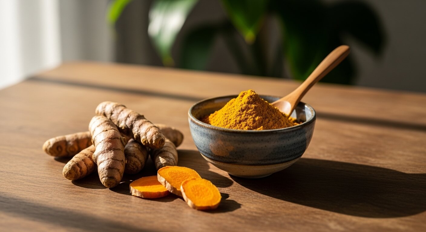 울금 뿌리와 울금 분말 모습, 울금 효능을 설명하는 건강 식재료 이미지