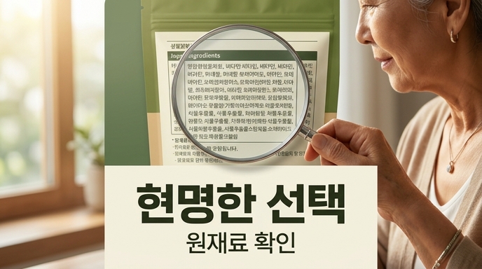 돋보기로 건기식 뒷면의 성분표를 보는 모습을 담은 시각적 이미지. 현명한 선택 원재료 확인이라는 한글 문구가 명확하게 들어가 있음.