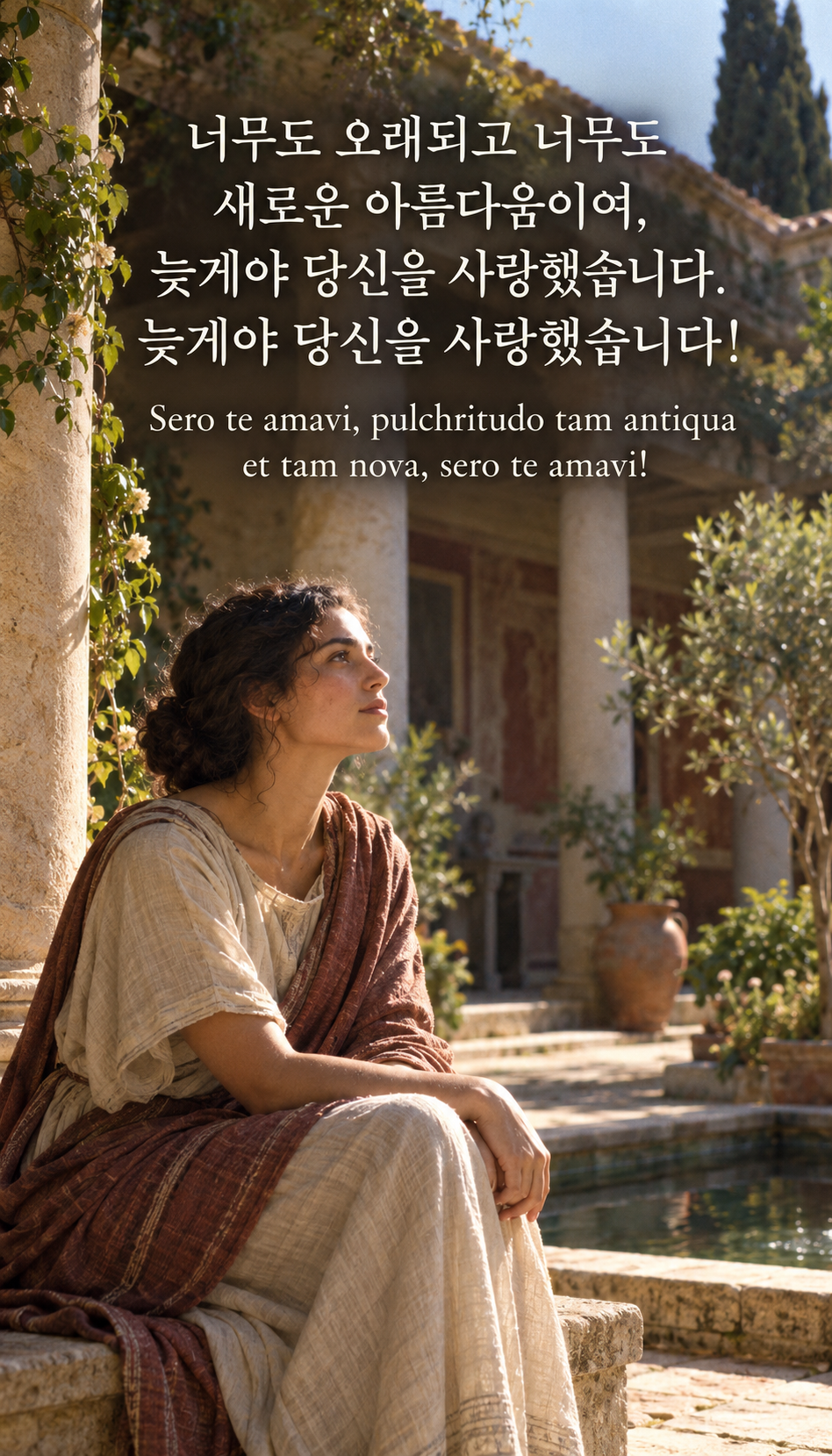 너무도 오래되고 너무도 새로운 아름다움이여, 늦게야 당신을 사랑했습니다. 늦게야 당신을 사랑했습니다! &mdash; 로마 후기 복식의 여인과 안뜰의 아침빛, 당시 배경의 아날로그 필름 사진풍
