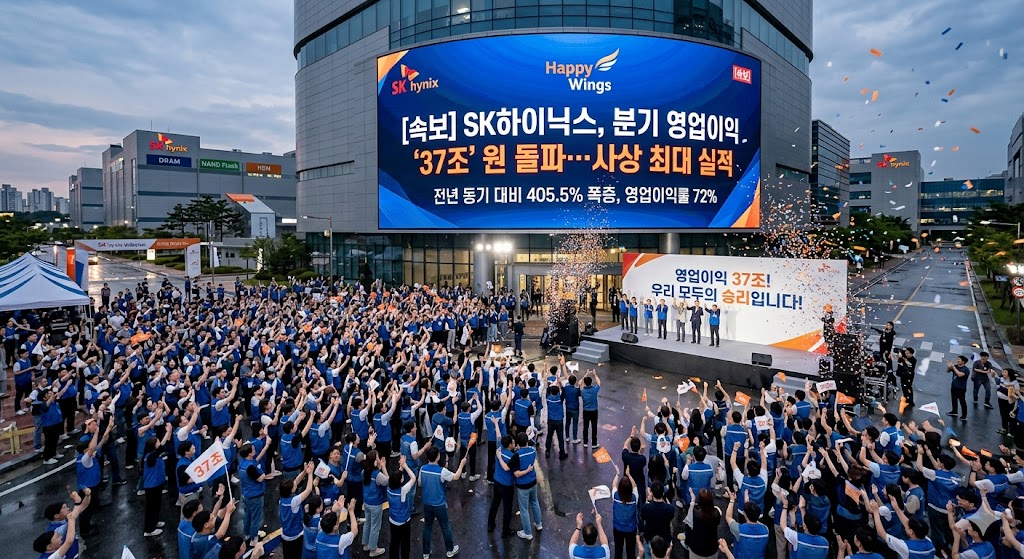 SK하이닉스 본사 전광판에 비친 '영업이익 37조' 뉴스 타이틀과 환호하는 직원들의 모습