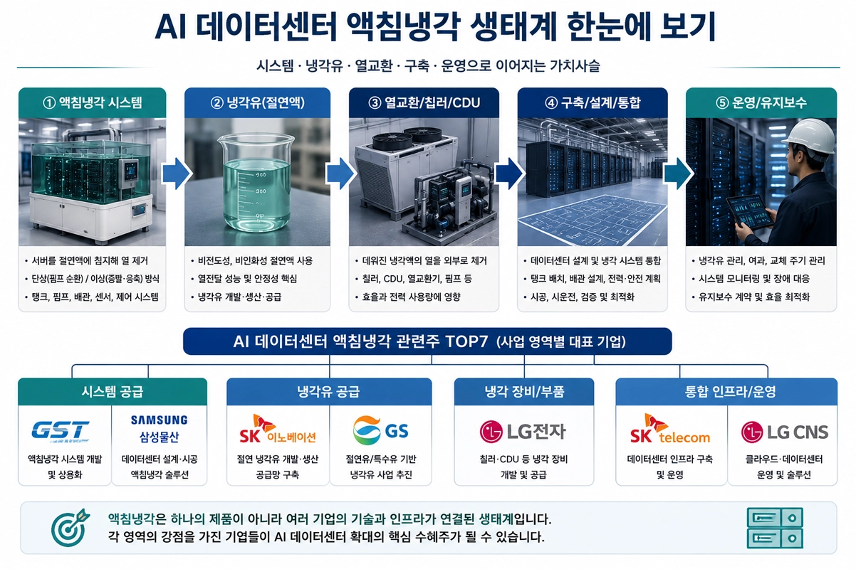 AI 데이터센터 액침냉각 생태계와 시스템, 냉각유, 열교환&middot;칠러&middot;CDU, 구축&middot;설계, 운영 단계 및 액침냉각 관련주 TOP7의 공급망 구조를 한눈에 보여주는 인포그래픽