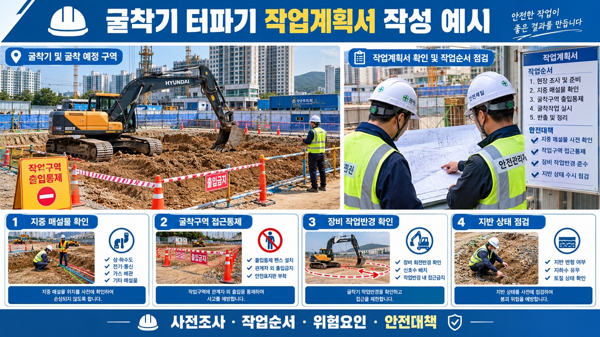 건설현장 안전관리자가 작업계획서와 사전조사 기록을 대조하며 점검하는 모습