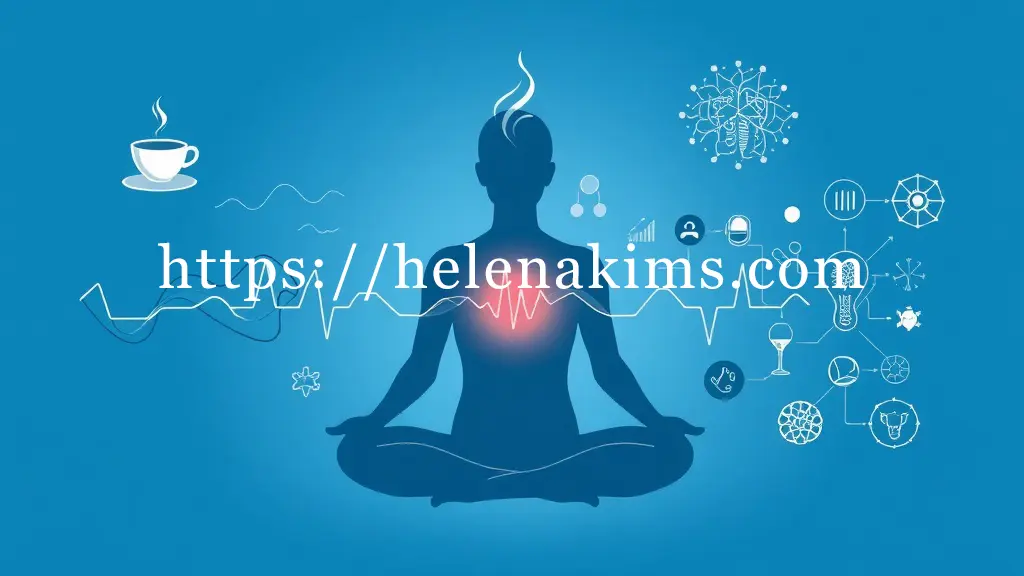 차분한 푸른색 배경에 평온하게 앉아있는 사람의 실루엣이 보인다. 심장 부위에서 미세한 파동이 '쿵' 하고 퍼져나가며, 그 주변을 카페인 컵, 소화 작용을 상징하는 추상적 흐름, 복잡한 신경망, 졸음/피로를 나타내는 아이콘들이 있는 그래픽 이미지.