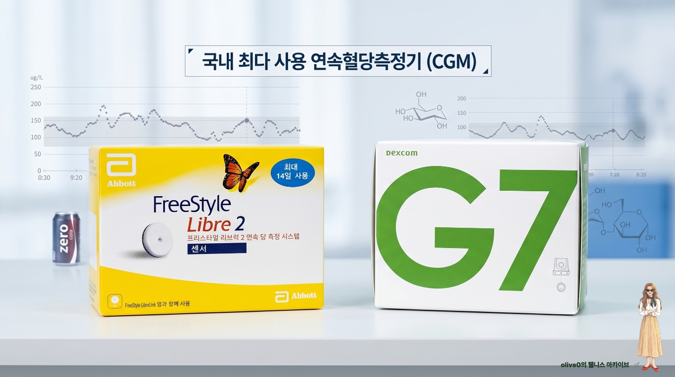 국내에서 가장 널리 쓰이는 프리스타일 리브레와 덱스콤 연속혈당측정기 센서 제품 패키지 모습 (Popular continuous glucose monitor devices Freestyle Libre and Dexcom sensors)