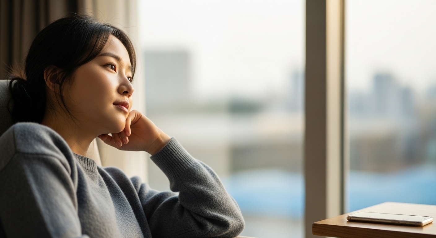 스마트폰을 옆에 두고 창밖을 바라보며 평화로운 시간을 보내고 있는 사람