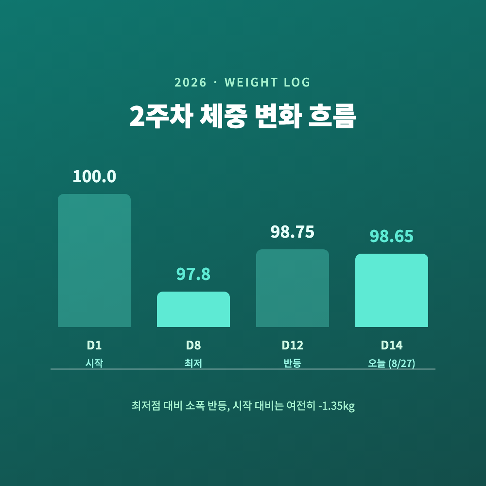 위고비 2주차 체중 정체를 기록한 다이어트 노트와 체중계, 98.65kg으로 소폭 반등한 감량 정체기를 보여주는 사진