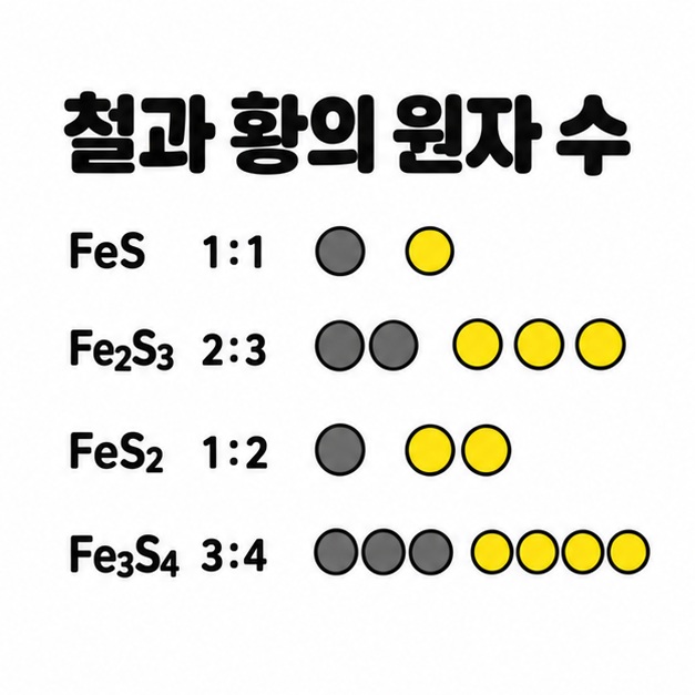FeS Fe2S3 FeS2 Fe3S4의 철 대 황 원자 수 비 1대1 2대3 1대2 3대4를 비교한 조성 도식
