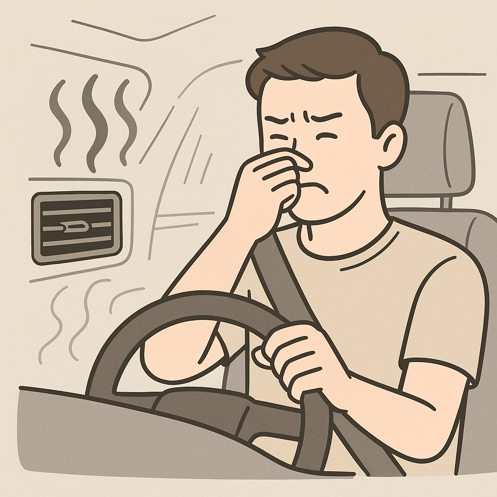에어컨 냄새에 코를 막는 운전자 일러스트