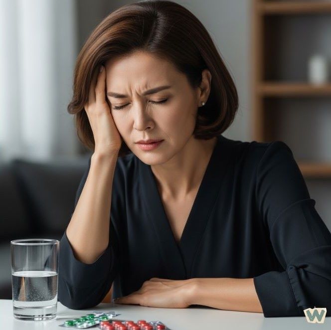 멜라토닌 복용 후 두통 부작용을 겪고 있는 여성, 머리를 감싸고 있으며 테이블 위에 약과 물잔이 있는 모습 via Gemini