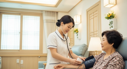 간호사가 혈압 측정하는 모습&amp;#44; 보호시설 내&amp;#44; 한국