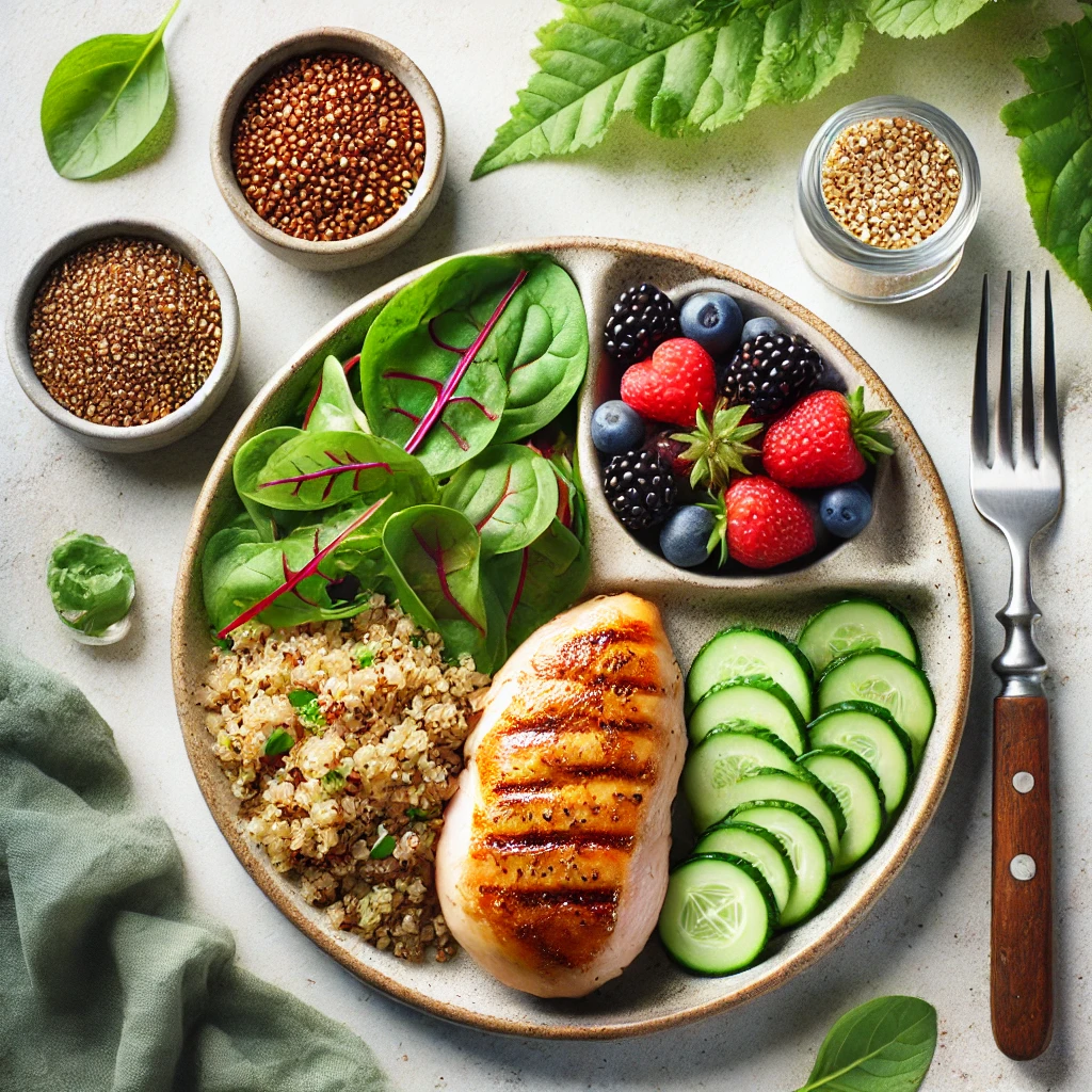 식이요법에 좋은 베리들과 야채 닭가슴살 요리가 담긴 접시