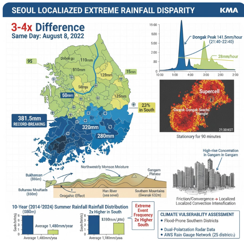 서울 국지 강수량 격차, 강북과 강남 같은 날 강우량 차이 분석