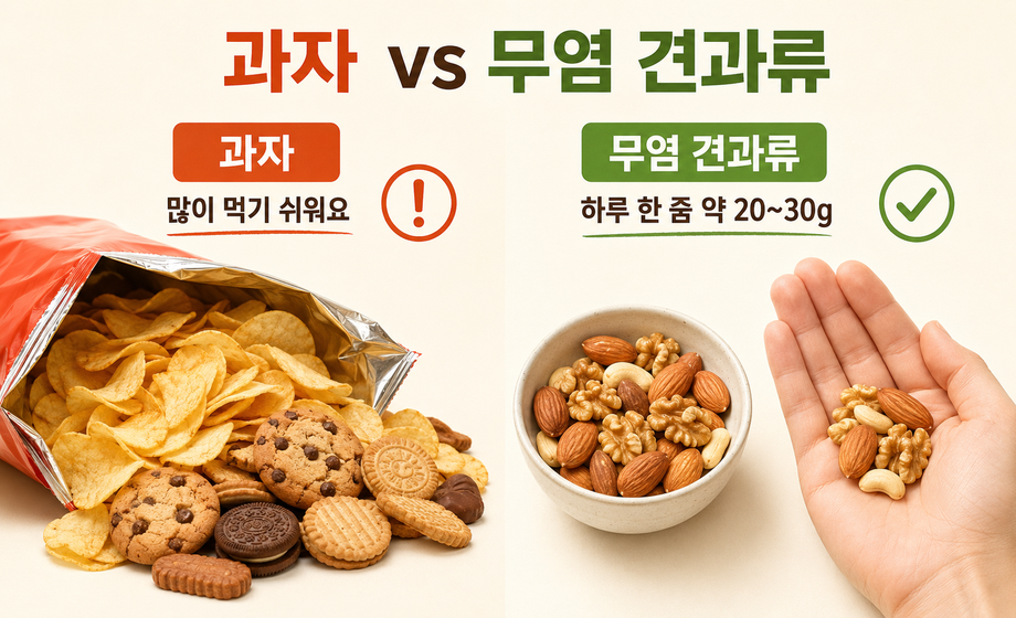 심장에 좋은 간식 비교 이미지, 과자와 무염 견과류 차이 및 하루 20~30g 견과류 권장 섭취량 안내 이미지