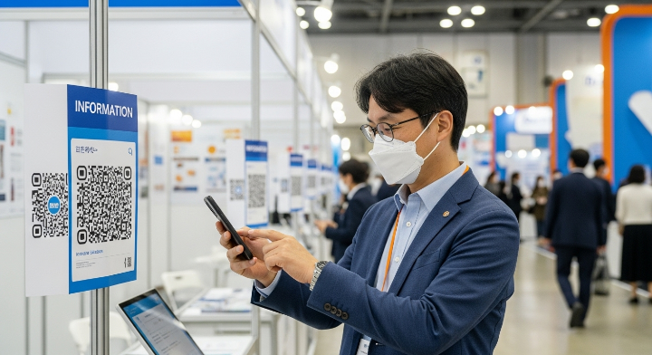 박람회 현장에서 QR 코드를 스캔하며 정보를 얻는 참관객