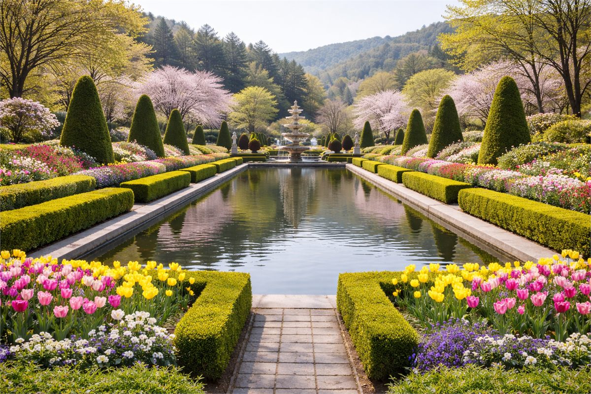 연못과 정형화된 정원이 함께 보이는 벽초지수목원 전경 