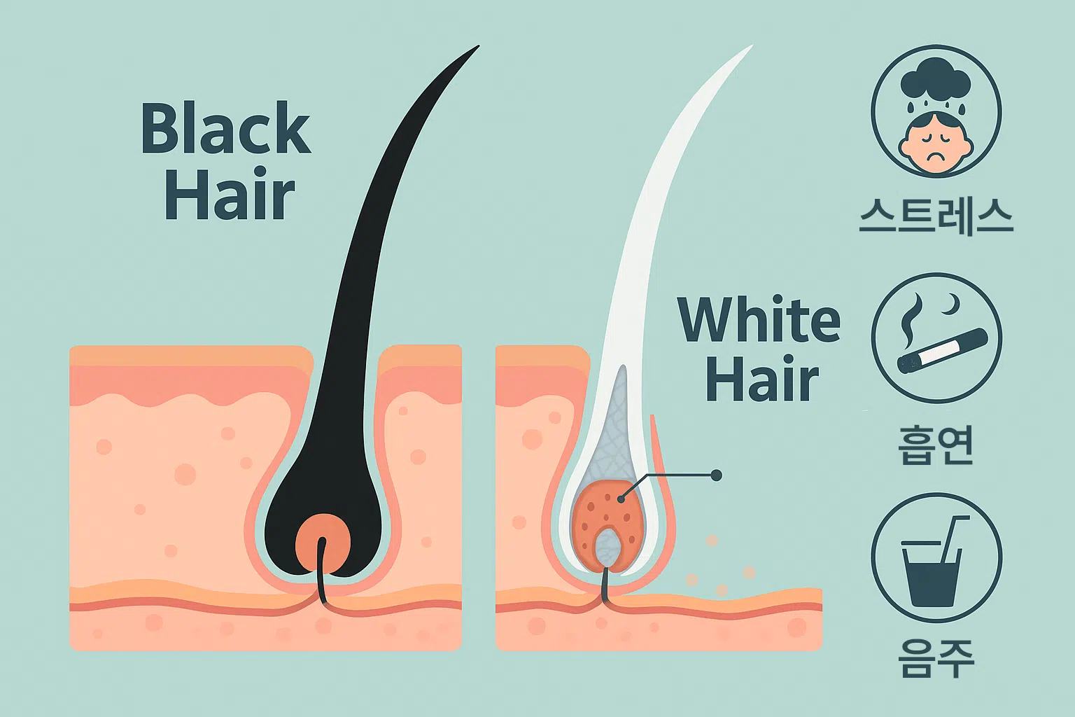 검은 코털과 흰 코털의 비교 확대 이미지, 멜라닌 색소가 줄어든 모근 단면, 스트레스&middot;수면 부족&middot;흡연&middot;불규칙 식습관