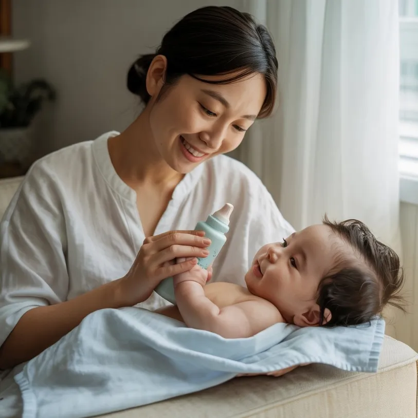 아기 아토피 로션을 바르고 있는 이미지