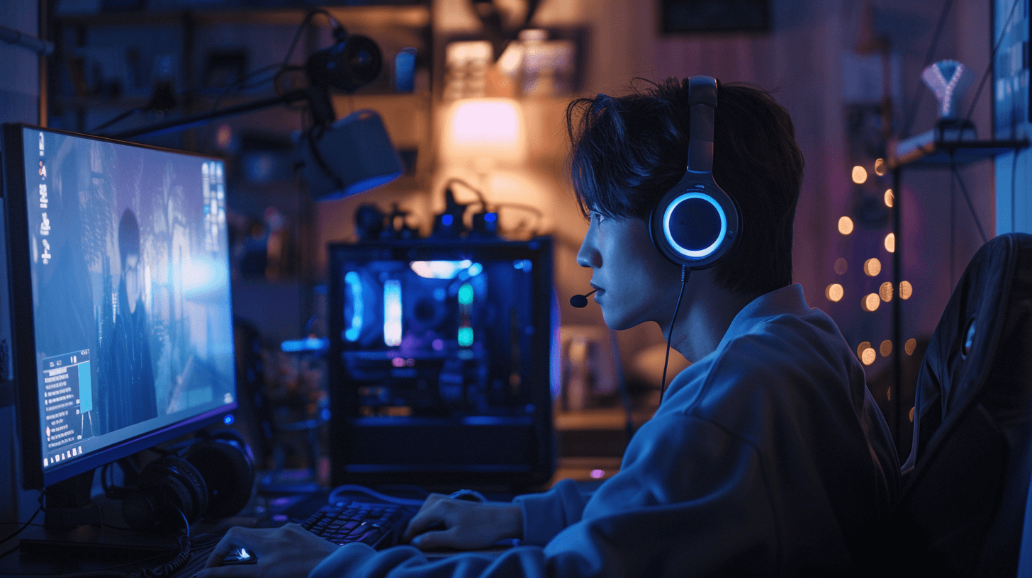 헤드셋을-끼고-컴퓨터-모니터를-바라보고-있는-남성-이미지