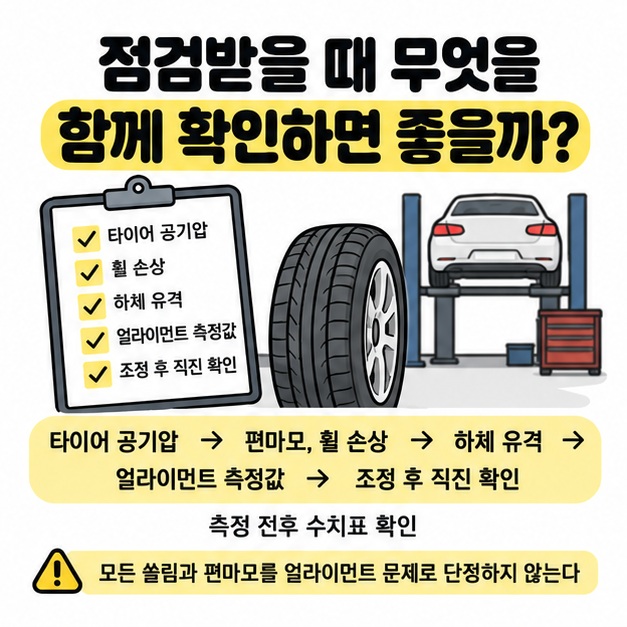 공기압 하체 점검 측정값 확인 조정 후 재확인을 순서대로 보여주는 그림