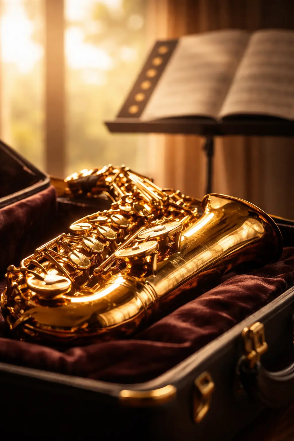 아침 햇살에 비친 악보와 색소폰