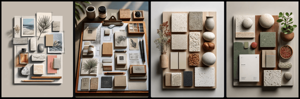 브랜드 감성을 시각화한 무드보드 이미지, 타이포그래피, 파스텔컬러, 텍스처 샘플 포함