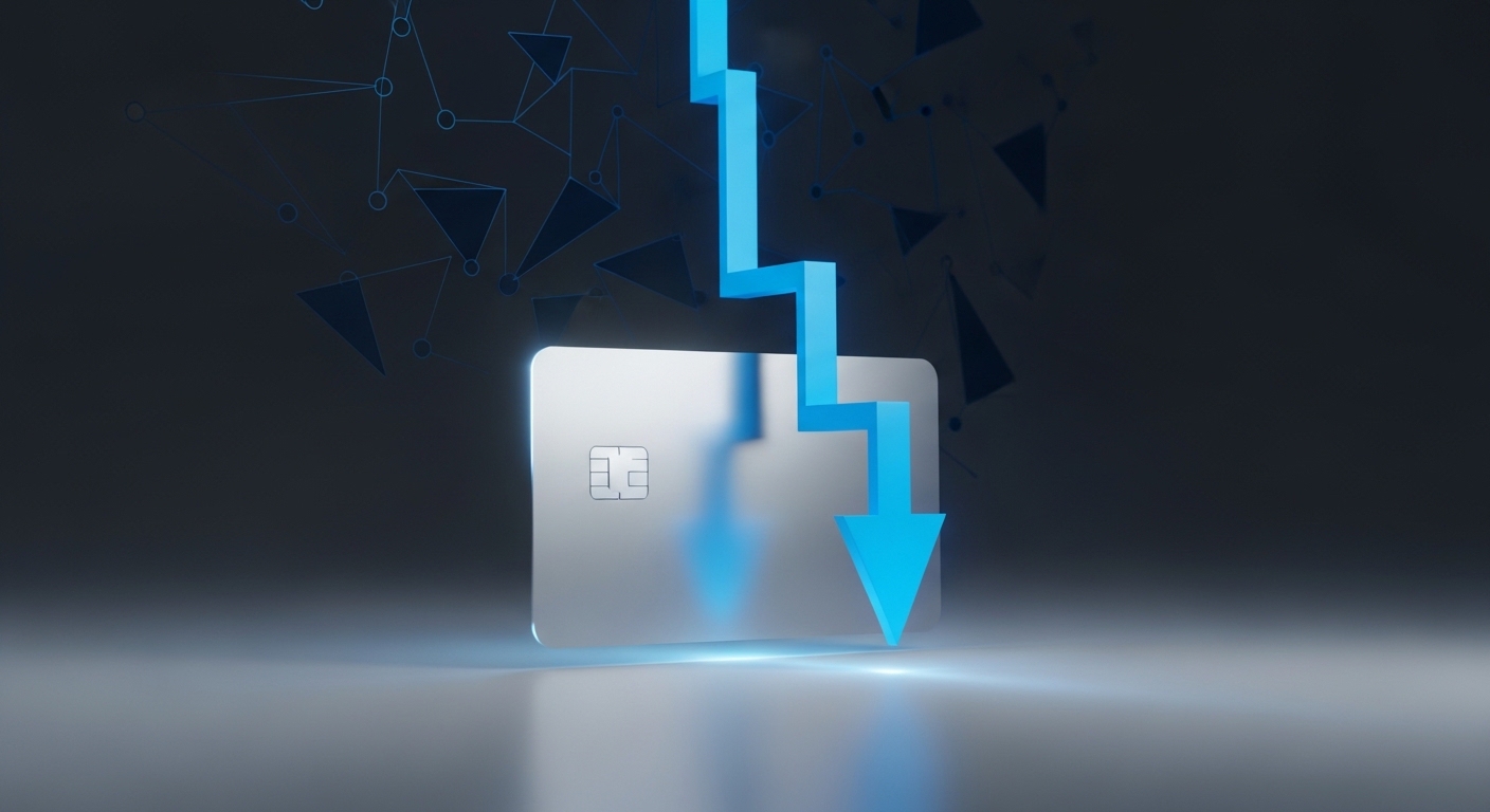 A conceptual 3D image of a glowing silver credit card with a blue arrow pointing downwards, symbolizing falling interest rates. Professional financial theme, dark gray and blue color palette, 8k resolution.