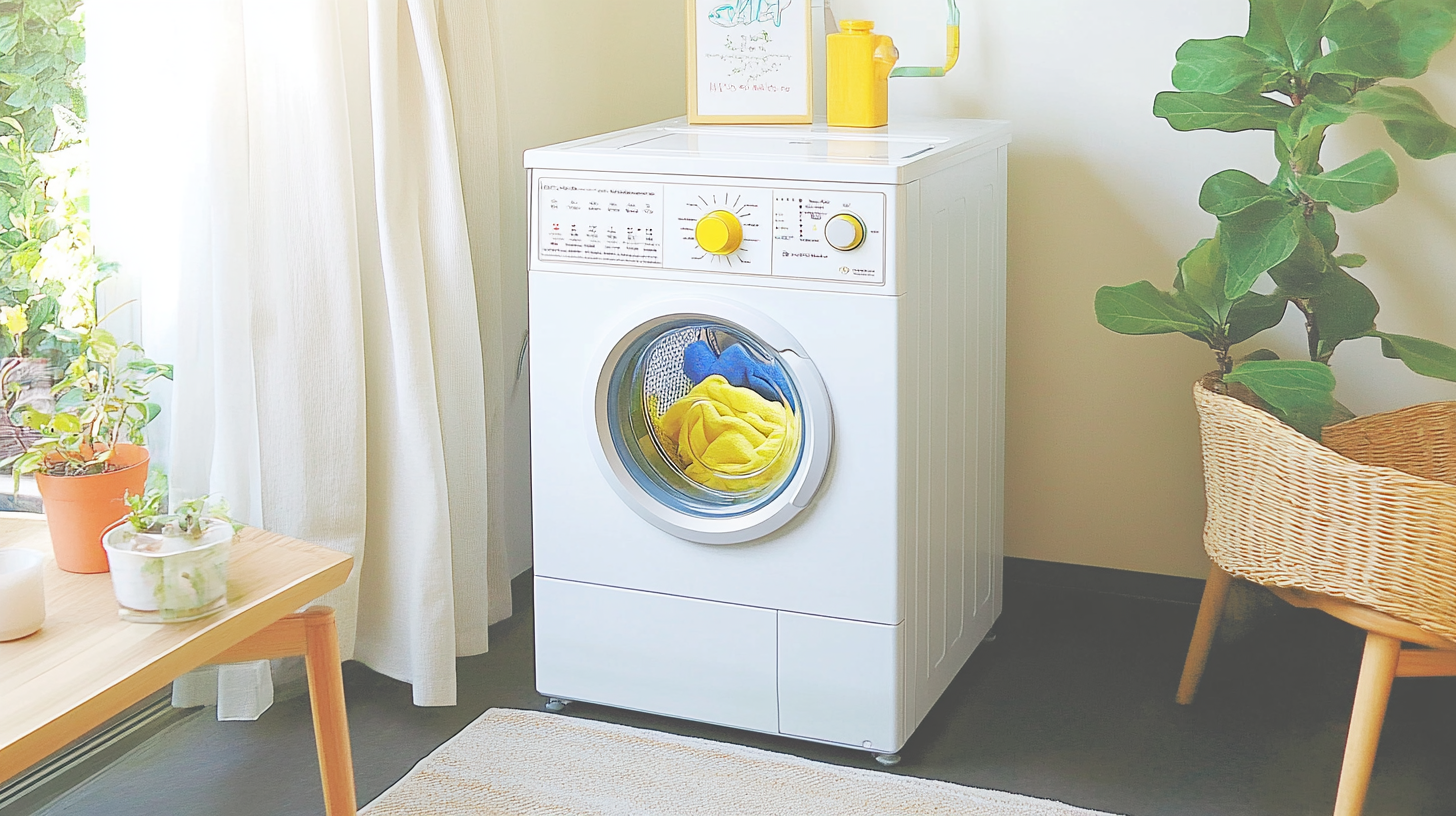 현대적인 도심 아파트에 설치된 세련되고 공간 절약형인 하이브리드 세탁기 건조기.