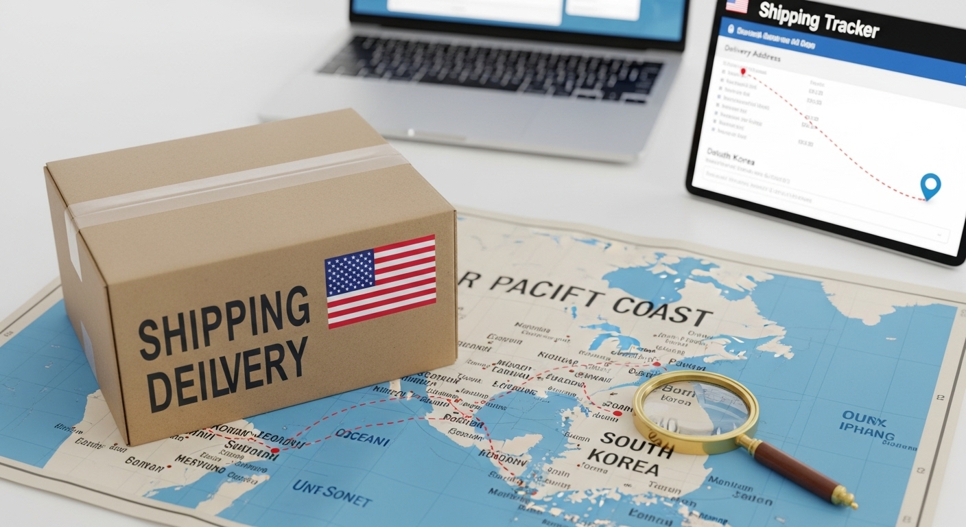 미국에서 한국으로 배송되는 택배 상자와 배송대행지 주소를 나타내는 지도.