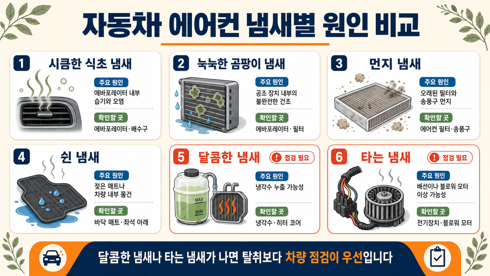 자동차 에어컨 냄새 종류별 원인 비교 이미지