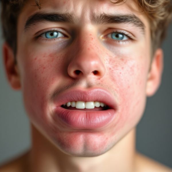 치약알레르기로 입술 주변이 발진이 생기고 입술이 부어 있는 젊은 남성