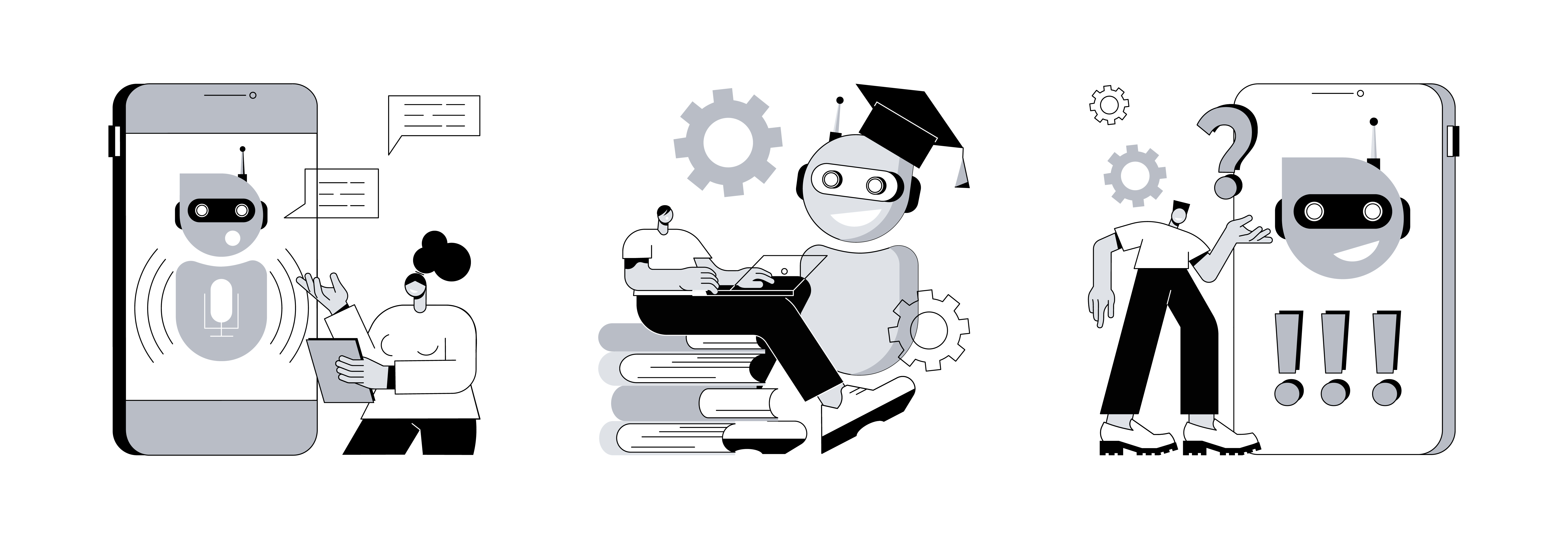 AI와 사람이 대화하고 학습하며 질문하는 상호작용을 보여주는 일러스트