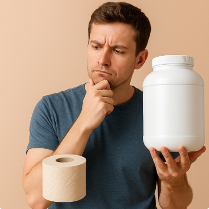 단백질 보충제를 바라보며 고민하는 남성과 옆에 놓인 화장지 롤
